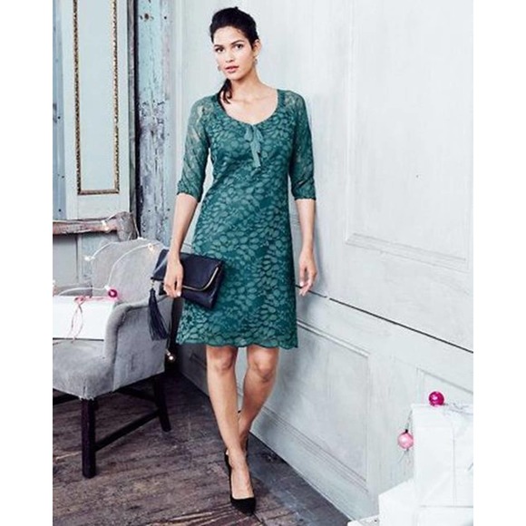 Garnet Hill Dresses & Skirts - Garnet Hill Boheme Easy Lace Dress Teal Shift Dress Lined Tie Neck Size 8 H14891